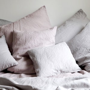 Linen bedding set, 5 pcs -  Queen size, Light gray and dusty pink linen,