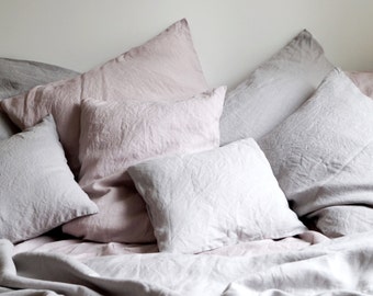 Linen bedding set, 5 pcs -  Queen size, Light gray and dusty pink linen,