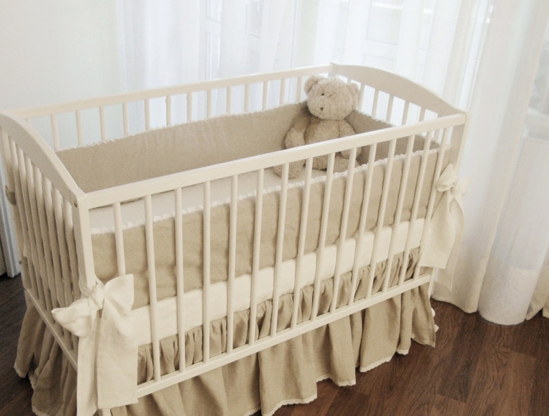 Linen Crib Bedding Set Skirt and Bumper Nursery Bedding Etsy