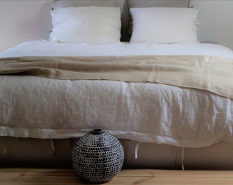 Linen bedding set, white linen bedding with ties