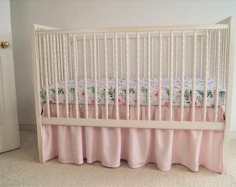 Linen Crib skirt ,Girl Crib  bedding, ,Pink linen crib skirt, linen crib bedding
