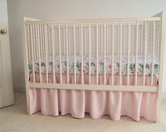 Linen Crib skirt ,Girl Crib  bedding, ,Pink linen bedding, Bumperless crib bedding, linen crib bedding