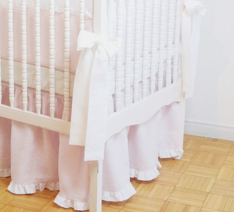 Linen Crib Bedding Gathered Skirt Light Pink With Ruffle Etsy