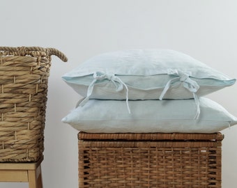 Linen pillowcase with ties, pillow cover, linen sham, light blue linen pillow case