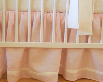 Linen Crib  bedding -  gathered skirt, pink linen - girl  nursery bedding