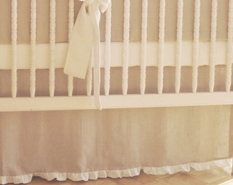 Linen crib  bedding - natural linen skirt with  ruffle