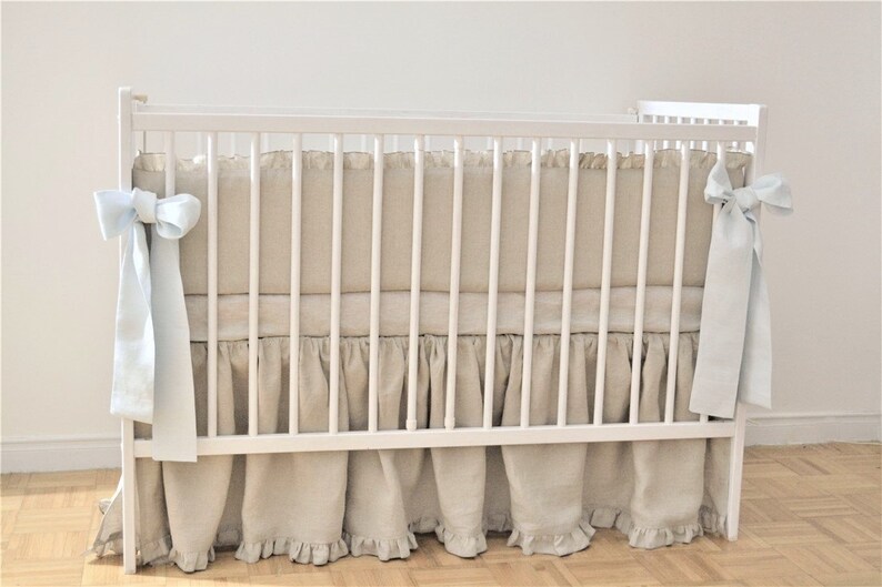 Linen Crib Bedding Gender Neutral Gathered Skirt With Ruffle Etsy