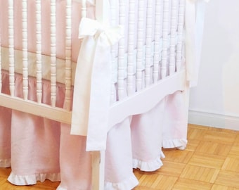Linen Crib  bedding - gathered skirt  light pink with  ruffle ,  - Girl Nursery bedding custom order , Express shipping