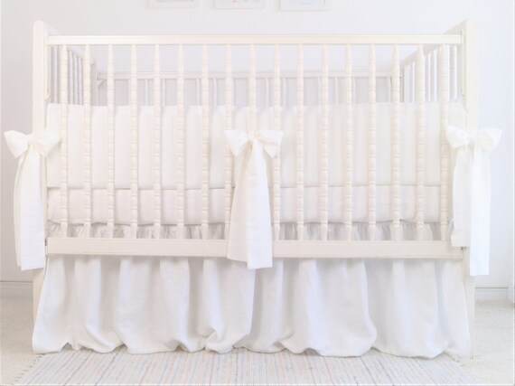 White Linen Crib Bedding Skirt Bumper Etsy