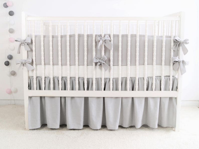 Gray Linen Crib Bedding 4 Side Bumper Boy Crib Bedding Etsy