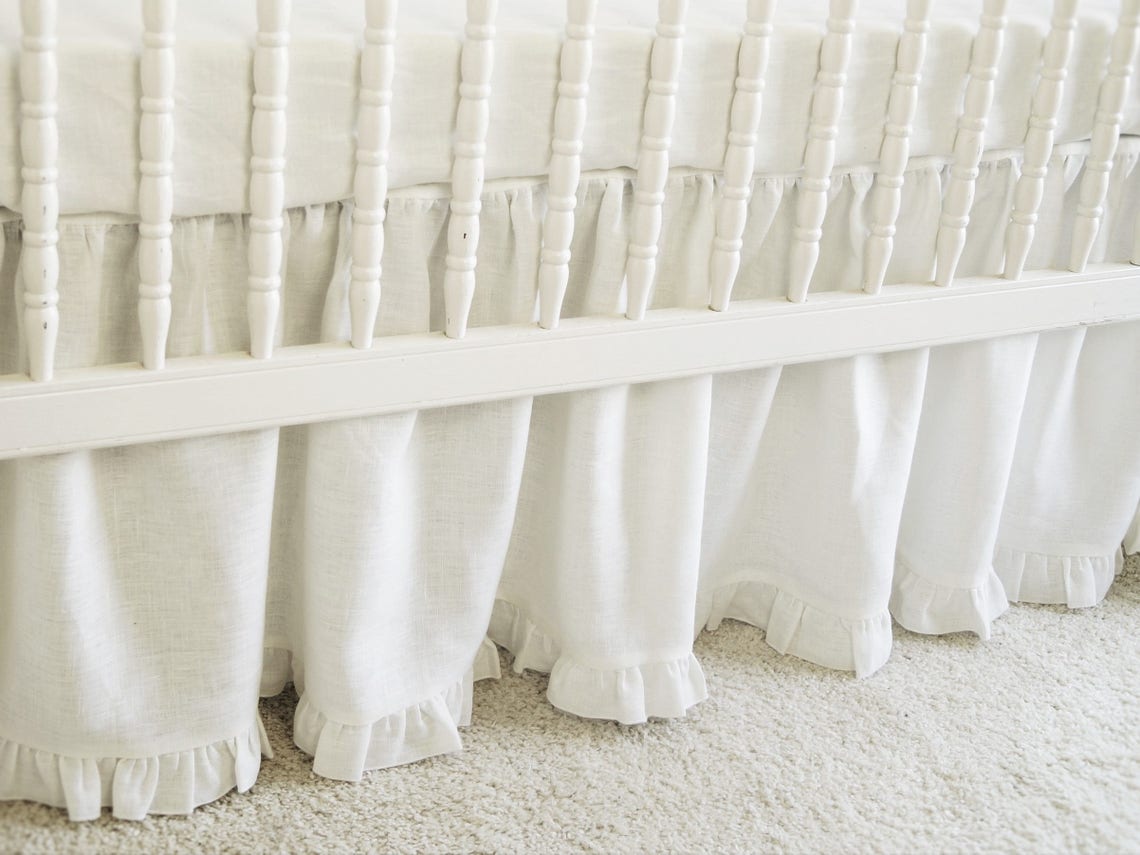 White Linen Crib Bedding Gathered Skirt With Ruffle Etsy
