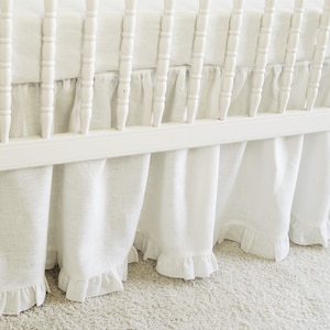 White Linen Crib  bedding -  gathered skirt  with ruffle