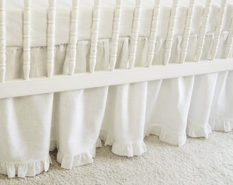 White Linen Crib  bedding -  gathered skirt  with ruffle CUSTOM ORDER