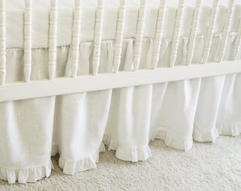 White Linen Crib  bedding -  gathered skirt  with ruffle