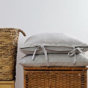 Linen pillow case with ties, pillow cover, linen sham gray pillowcase