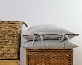 Linen pillow case with ties, pillow cover, linen sham gray pillowcase