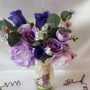Lavender-Purple Rose Summer Arrangement, Artificial Flowers, Bicycle Ceramic Flower Vase