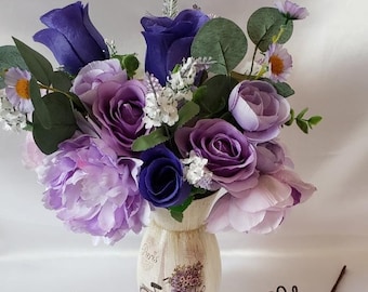 Lavender-Purple Rose Summer Arrangement, Artificial Flowers, Bicycle Ceramic Flower Vase