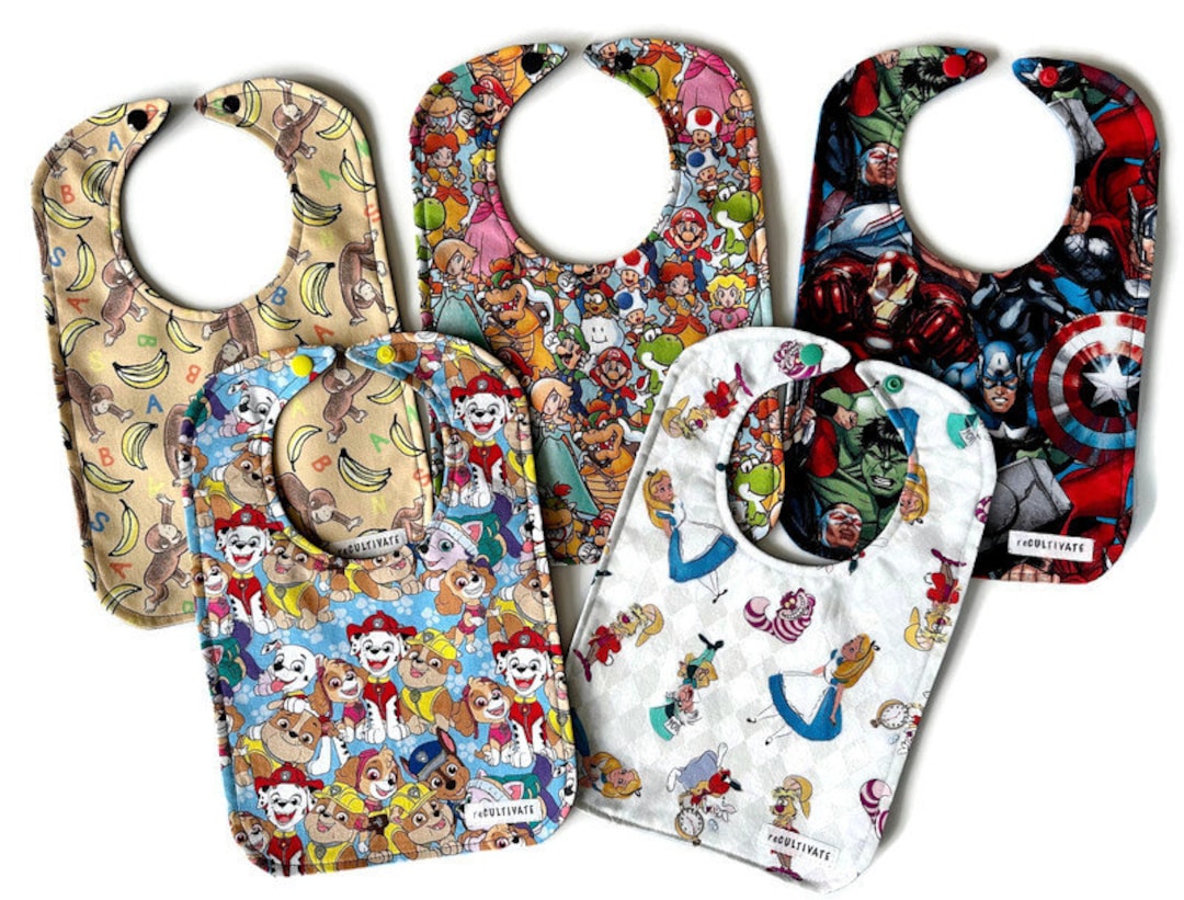 Baby Bibs Curious Bib, Paw Patrol Bib, Mario Bros. Bib, Alice in