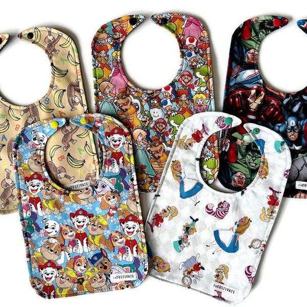 Baby Bibs - Curious George Bib, Paw Patrol Bib, Mario Bros. Bib, Alice in Wonderland Bib, Avengers Bib