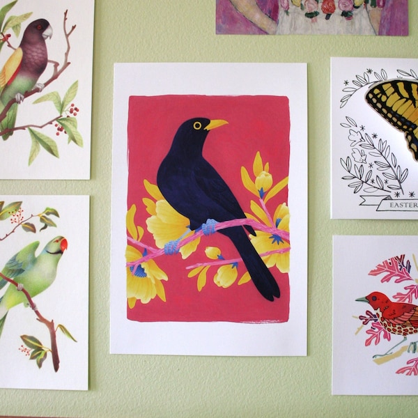 Common Blackbird 6x9 Print - Vibrant Colorful Bird Art Print, Gouache Print