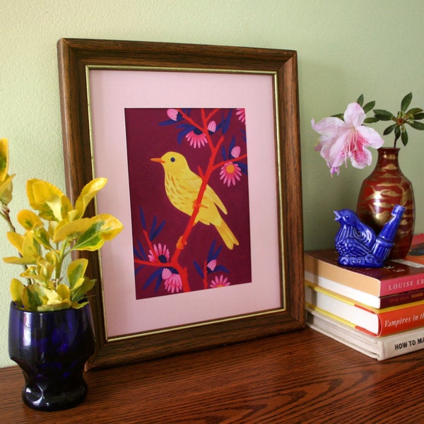 Yellow Warbler 6x9 Print - Vibrant Colorful Bird Art Print, Gouache Print