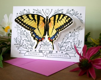 Carte de voeux papillon - machaon tigre de l'Est - illustrée, carte vierge 3D, carte pour toutes les occasions, carte de remerciement, papeterie