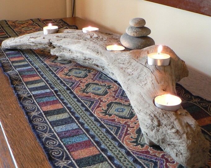 Rustic Driftwood 5 Candle Mantle Piece With Rock Cairn, Tabletop Driftwood Votive Candle Holder