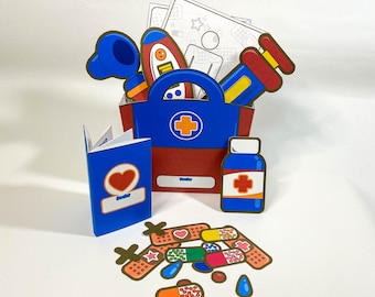 Trousse médicale pour médecin infirmière à imprimer | Kit de jouets d'hôpital | Bleu Rouge