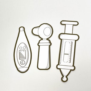 Peut inclure: Un ensemble de trois dessins au trait noir et blanc d'instruments m&eacute;dicaux. Les instruments comprennent un thermom&egrave;tre num&eacute;rique, un aspirateur nasal et une seringue.
