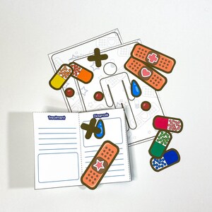 May include: A set of printable medical themed stickers for kids. The stickers include bandages, pills, and a doctor's chart with the words "Treatment" and "Diagnosis".