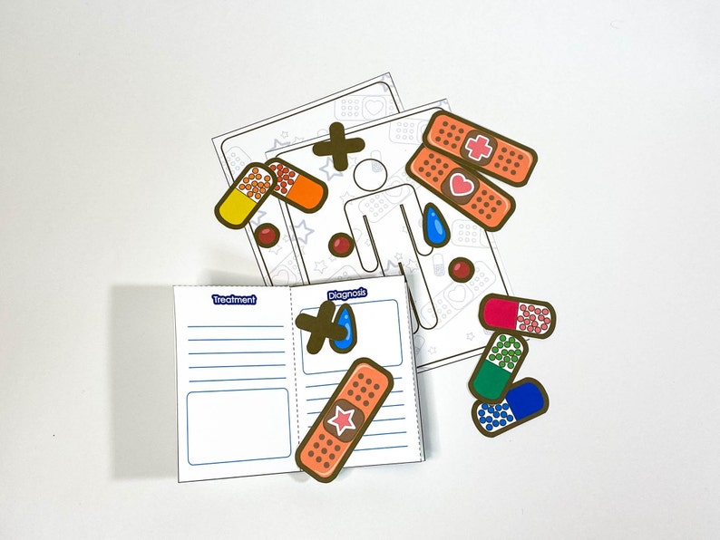 May include: A set of printable medical themed stickers for kids. The stickers include bandages, pills, and a doctor's chart with the words "Treatment" and "Diagnosis".