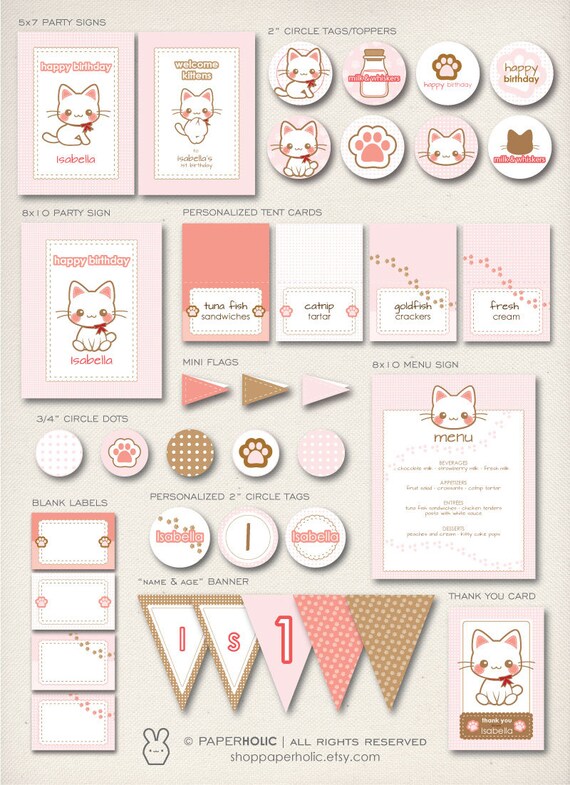 Kitty Cat Kitten | PERSONALIZED Printable Birthday Party Decorations | Digital Party Supplies Package | Favors Signs Labels Banner Il_570xn