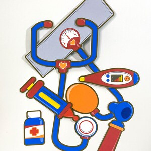 May include: A blue stethoscope with a red and orange blood pressure cuff, a red and yellow syringe, a red and blue thermometer, a red and blue ear scope, a blue bottle with a red cross, and a gray bandage.