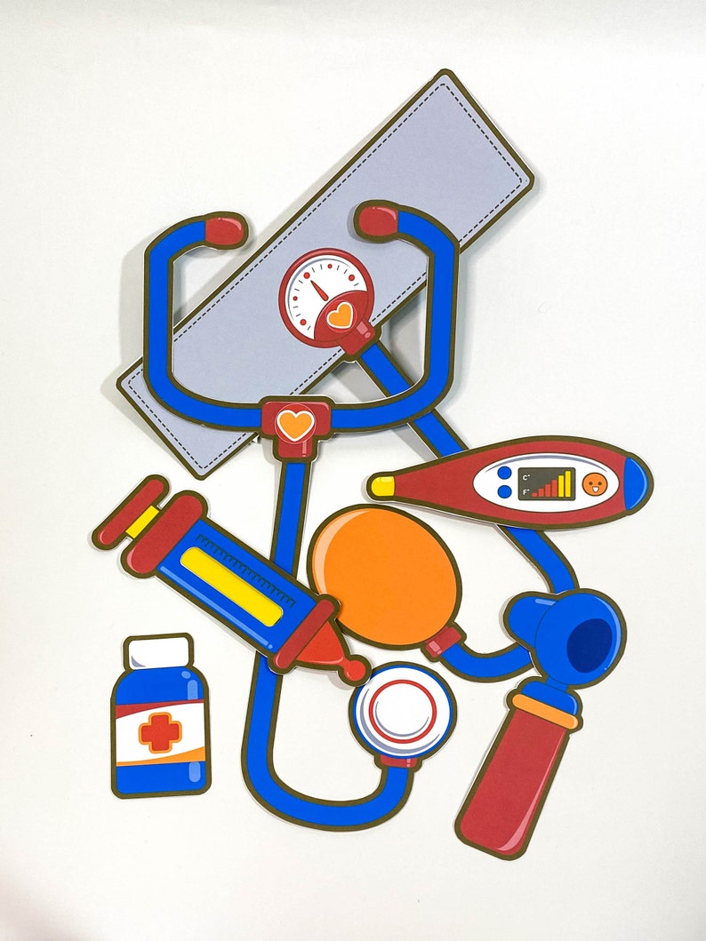 May include: A blue stethoscope with a red and orange blood pressure cuff, a red and yellow syringe, a red and blue thermometer, a red and blue ear scope, a blue bottle with a red cross, and a gray bandage.