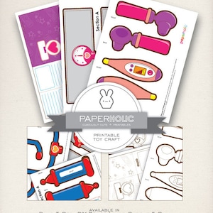 May include: Printable paper craft toy set of doctor's tools. The set includes a stethoscope, thermometer, syringe, and a scale. The toys are available in blue and red, purple and pink, or color-in.