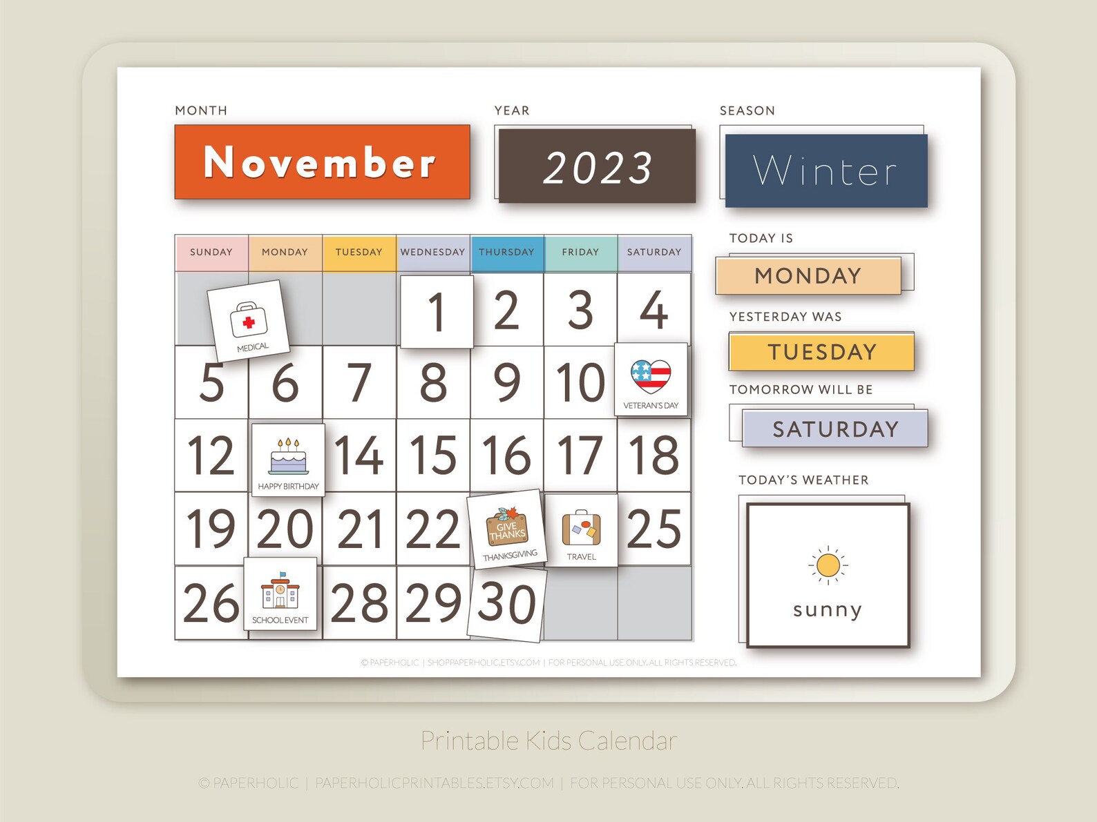 Kids Perpetual Calendar; Printable Learning Activity Homeschool ...