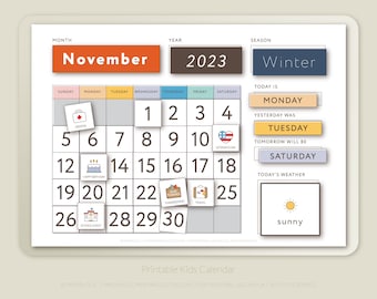 Calendário Perpétuo Infantil; Atividade de aprendizagem para impressão Escola em casa Sala de aula Hora do círculo do quadro da manhã; Feriados nos EUA Clima Crianças Crianças