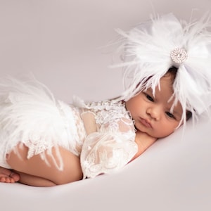 Shiny White Satin Feather Bow