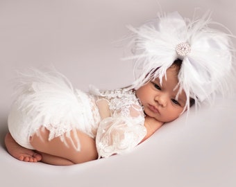 Shiny White Satin Feather Bow