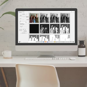 May include: A computer screen displaying a software program with a photo editing interface. The interface shows a series of images of a family, with different colour and brightness adjustments.