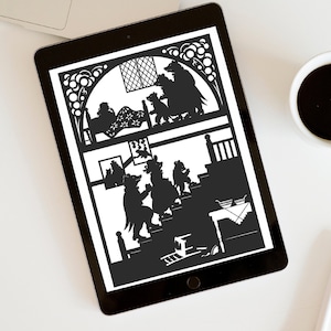 May include: A black and white cross stitch pattern of the Goldilocks and the Three Bears story. The pattern is displayed on a tablet computer on a white surface.