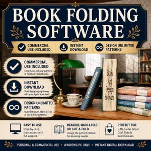 May include: Book folding software digital product advertisement featuring text that reads BOOK FOLDING SOFTWARE, COMMERCIAL USE INCLUDED, INSTANT DOWNLOAD, and DESIGN UNLIMITED PATTERNS. The image displays a green lamp, a teacup, and folded books.