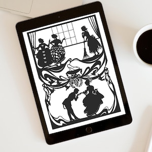 May include: A digital tablet displaying a black and white silhouette image of Cinderella and Prince Charming. The image is a cross stitch pattern. The text "Cinderella Cross Stitch Pattern" is below the image.