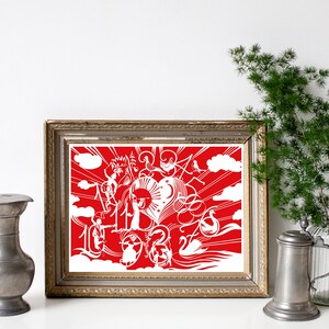 May include: A framed print with a red background and white paper cut-out design. The design features a heart, birds, clouds, and the numbers 1 to 12.