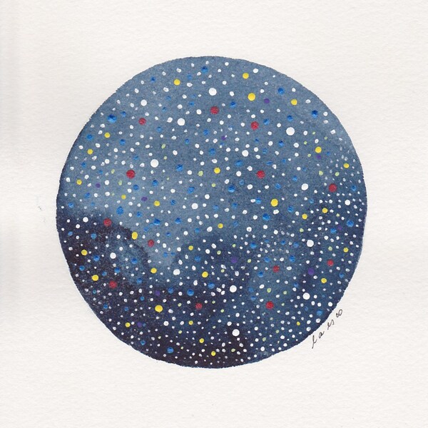 Abstract Painting . Indigo Sphere . White Multicolor Dots . Small Art Wall Decor . Original Watercolor .  Planetscape Series . 5 x 7