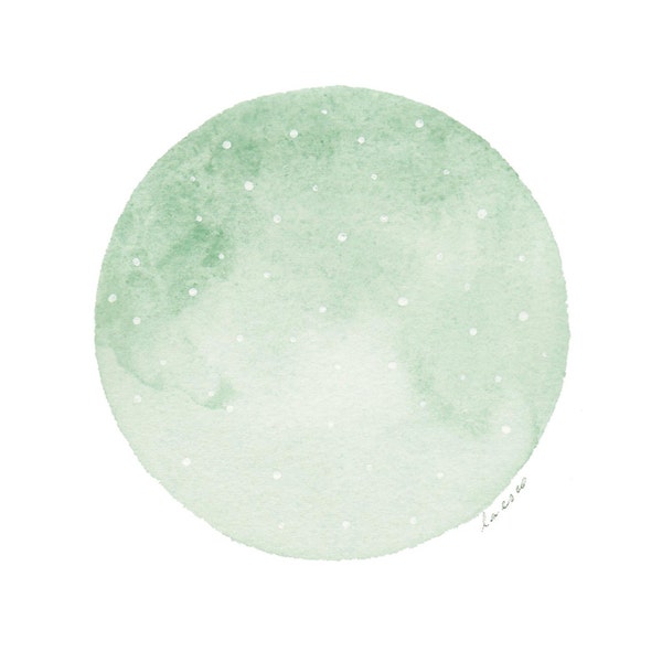 SALE . Abstract Painting . Mint Green Sphere with White Dots . Small Art Wall Decor . Original Watercolor .  Planetscape Series . 5 x 7