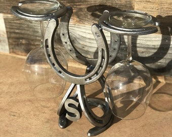 Custom Rustic Horseshoe Wine Bottle Holder and Glass Holder - 1 Bottle and 2 Glasses - The Heritage Forge