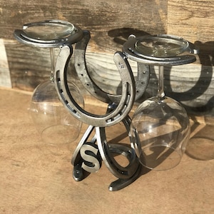 Custom Rustic Horseshoe Wine Bottle Holder and Glass Holder - 1 Bottle and 2 Glasses - The Heritage Forge