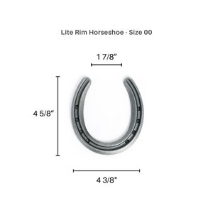 May include: A silver-colored Lite Rim Horseshoe, size 00, with dimensions of 4 5/8 inches in height, 4 3/8 inches in width, and 1 7/8 inches across the top. The horseshoe has a U-shape with visible nail holes.